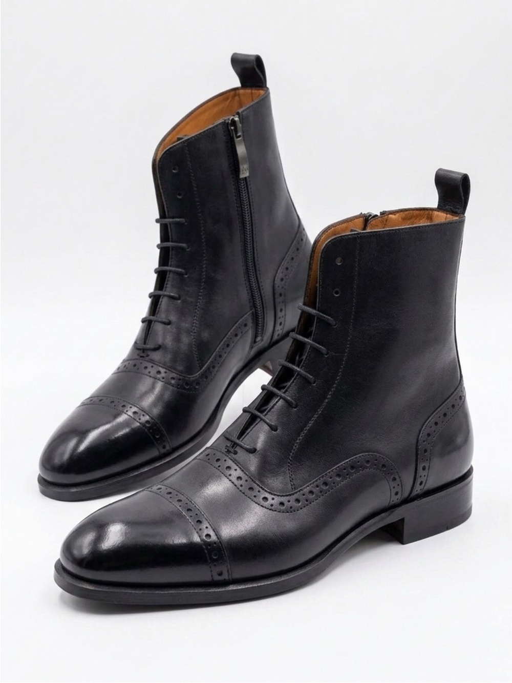Men's Black Leather Cap-Toe Lace-Up Boots with red bottom